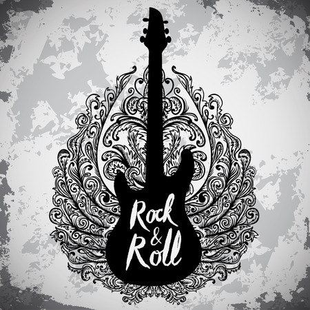 Vintage hand drawn poster with electric guitar, ornate wings and lettering rock and roll on grunge background. Retro vector illustration. Design, retro card, print, t-shirt, postcardのイラスト素材