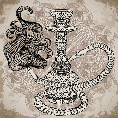 Hookah with oriental ornament and smoke over ornate mandala on aged paper background.Vintage vector hand drawn illustrationのイラスト素材