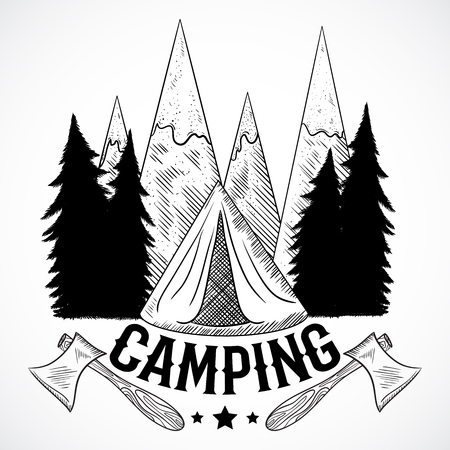 Camping. Vintage poster with mountain, forest, tent and axes. Isolated elements. Black and white hand drawn vector illustrationのイラスト素材