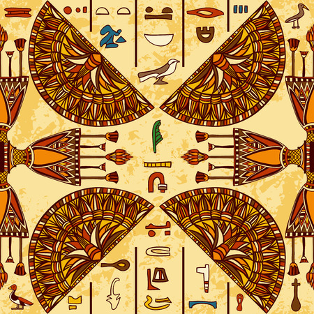 Egypt colorful ornament with ancient Egyptian hieroglyphs on aged paper background. seamless pattern. Hand drawn illustrationのイラスト素材