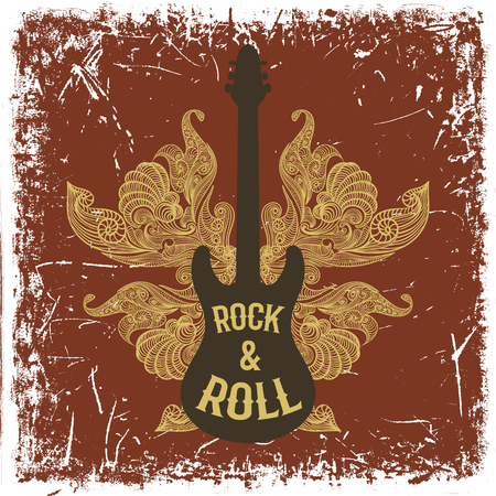 Vintage hand drawn poster with electric guitar, ornate wings and text rock and roll on grunge background. Retro vector illustration. のイラスト素材