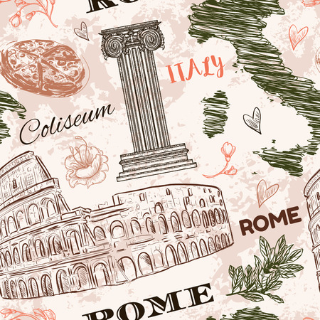 Rome. Vintage seamless pattern with Coliseum, Italy map, classic style column and flowers on grunge background. Retro hand drawn vector illustration.のイラスト素材