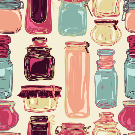 Mason jars. Retro seamless pattern with set of glass jars. Vintage hand drawn vector illustrationのイラスト素材