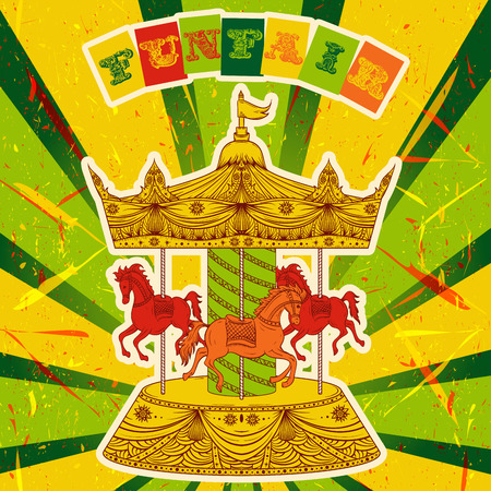 Vintage colorful poster funfair and carousel on grunge background. Isolated elements. Hand drawn vector illustrationのイラスト素材