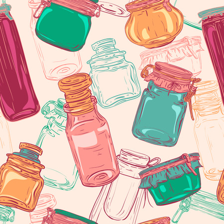 Mason jars. Retro seamless pattern with set of glass jars. Vintage hand drawn vector illustrationのイラスト素材