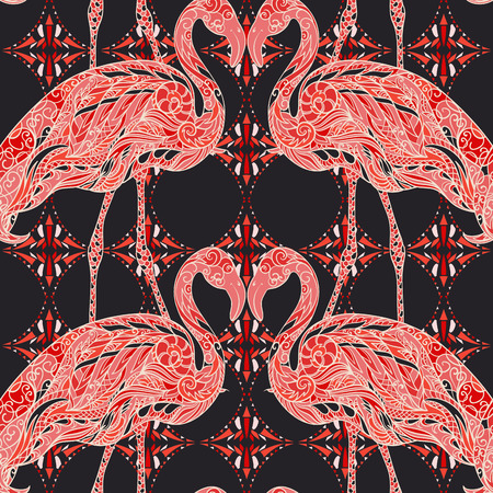 Seamless pattern with flamingo decorated with floral ornament and geometric elements. Vintage colorful hand drawn vector illustrationのイラスト素材