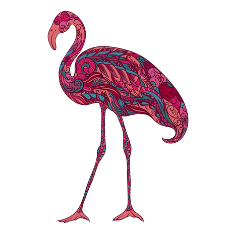 Flamingo decorated with oriental ornaments. Vintage colorful hand drawn vector illustrationのイラスト素材