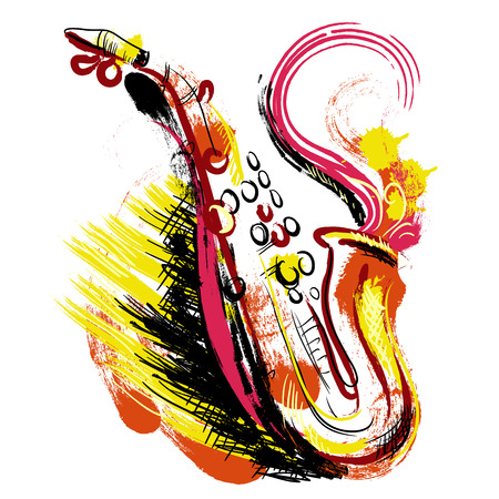 Saxophone. Hand drawn grunge style art. Colorful retro vector illustration. Banner, card, scrap booking, t-shirt, bag, print, poster.のイラスト素材