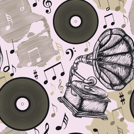 Seamless pattern with vintage gramophone, vinyl record and musical notes. Retro hand drawn vector illustration retro music in sketch styleのイラスト素材