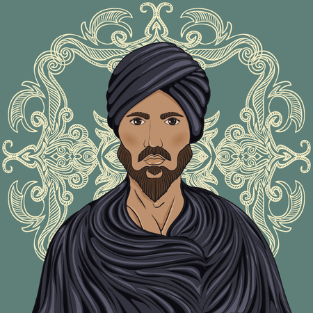 Handsome arabian man with mustache and beard in a turban over ornate pattern. Retro hand drawn vector illustrationのイラスト素材