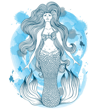 Mermaid with beautiful hair. Tattoo art. Retro banner, invitation,card, scrap booking. t-shirt, bag, postcard, poster. Vintage highly detailed hand drawn vector illustration on watercolor backgroundのイラスト素材