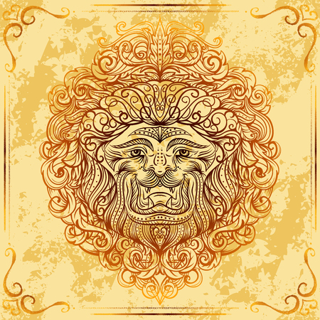 Lion Head with baroque ornament on grunge aged paper background. Vintage tattoo art. Concept design for card, print, t-shirt, postcard, poster. Hand drawn vector illustrationのイラスト素材