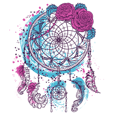 Dream catcher with ornament and roses. Tattoo art. Colorful hand drawn grunge style art. Retro banner, card, scrap booking, t-shirt, bag, print, poster.Highly detailed vintage vector illustrationのイラスト素材