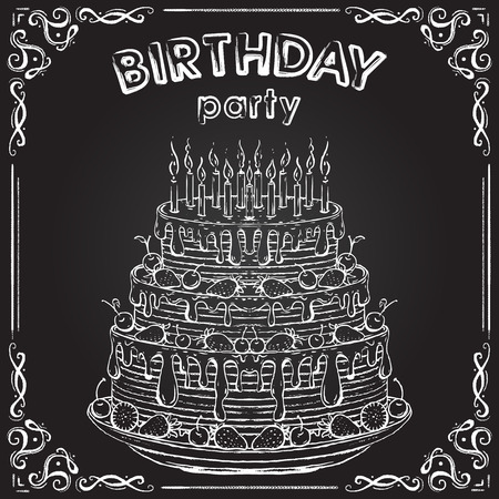 Invitation to the birthday party with birthday cake on the chalkboard. Vintage poster in hand drawn chalk sketch style. Isolated elements. Retro vector illustrationのイラスト素材