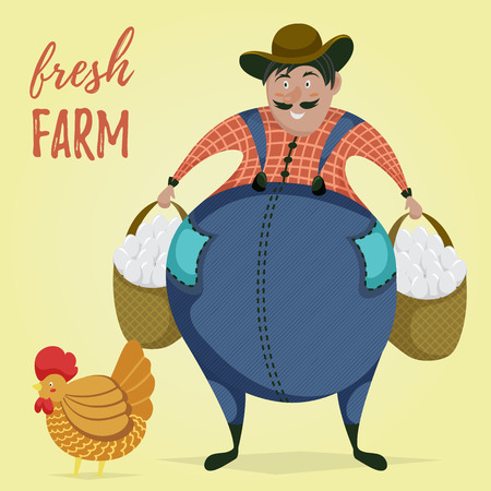 Farmer with chicken and eggs. Cartoon character. Fresh farm concept. Vector illustrationのイラスト素材