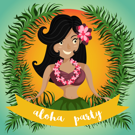 Hawaiian Aloha Party Invitation with Hawaiian hula dancing girl, palm leaves and ribbon. Cartoon vector illustration. Design concept for flyer, poster or greeting cardのイラスト素材