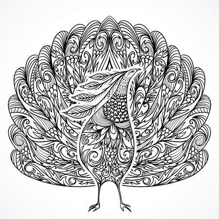 Peacock. Vintage fantasy bird with ornament. Black and white hand drawn vector illustration.のイラスト素材