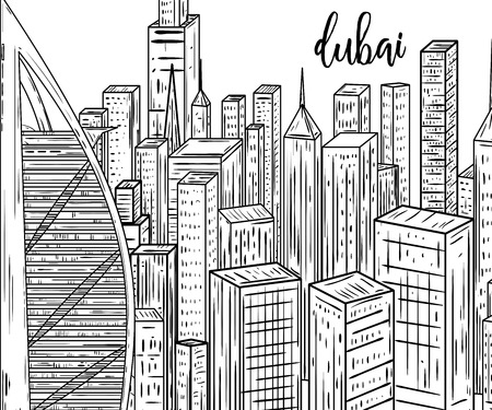 Dubai. Black and white cityscape in line art style. Vintage vector illustrationのイラスト素材