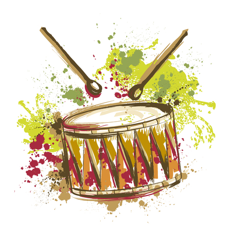 Drum with splashes in watercolor style. Hand drawn vector illustrationのイラスト素材