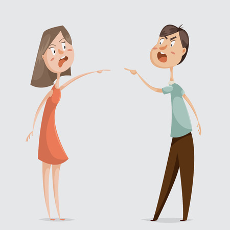 Divorce. Family conflict. Couple man and woman swear. Cartoon characters. Vector illustrationのイラスト素材