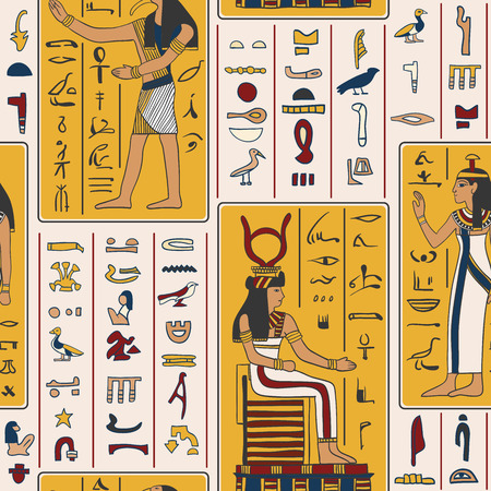 Seamless pattern with egyptian gods and ancient egyptian hieroglyphs. Retro hand drawn vector illustrationのイラスト素材