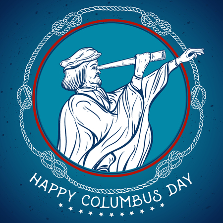 Happy Columbus day. Seafarer with telescope with decorative nautical rope knots.のイラスト素材