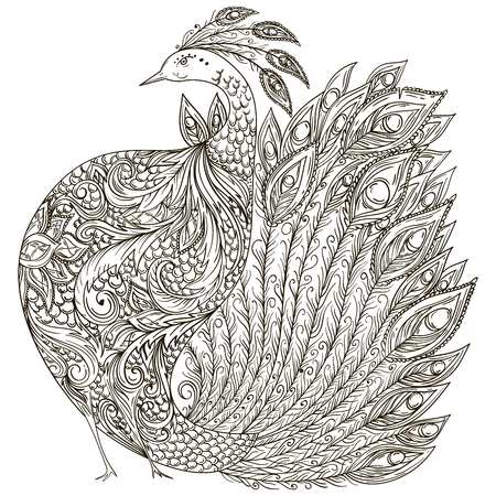 Peacock. Vintage fantasy bird with ornament. Black and white illustration.のイラスト素材