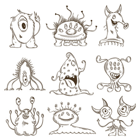 Cute monsters set. Cartoon characters in sketch style.のイラスト素材