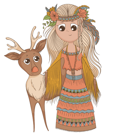 Cute anime girl in ethnic clothes with deer. Cartoon character in boho style. Vector illustrationのイラスト素材