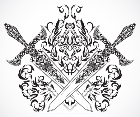 Crossed medieval swords with ornament. Tattoo art. Vintage hand drawn vector illustrationのイラスト素材