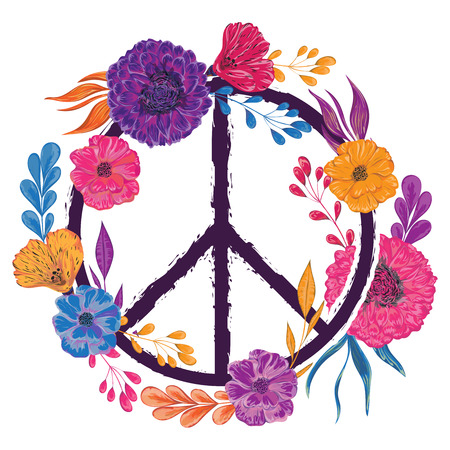 Hippie peace symbol with flowers, leaves and buds. Collection decorative floral design elements. Isolated elements. Vintage hand drawn vector illustration in watercolor style.のイラスト素材