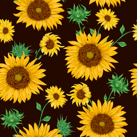 Seamless pattern with sunflowers on black background. Collection decorative floral design elements. Flowers, buds and leaf. Vintage hand drawn vector illustration in watercolor style.のイラスト素材