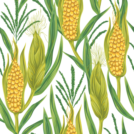 Seamless pattern with corn. Cobs, blossom branch and leaf. Collection decorative design elements. Vintage vector illustration in watercolor style.のイラスト素材