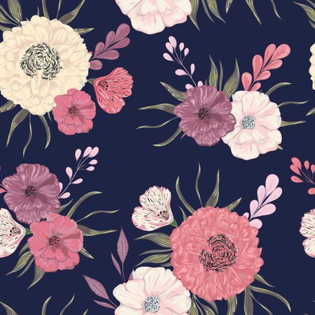 Seamless pattern with peony, dahlia and poppy. Collection decorative floral design elements for wedding invitations and birthday cards. Vintage hand drawn vector illustration in watercolor style.のイラスト素材