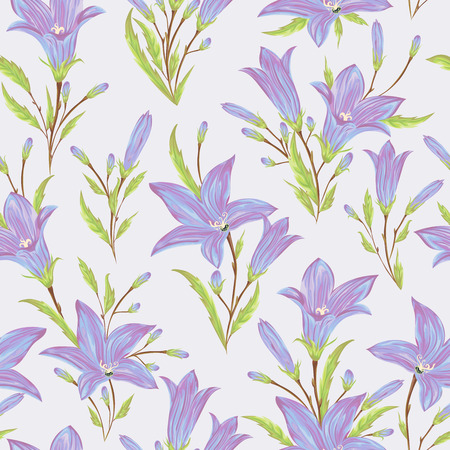 Seamless pattern with blue bluebells flowers. Rustic floral design for wedding invitations and birthday cards. Vintage vector illustration in watercolor style.のイラスト素材