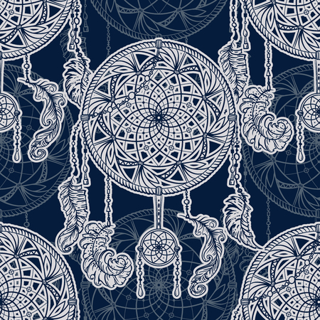Seamless pattern with dreamcatcher and feathers. Hand drawn vector illustration in boho style.のイラスト素材