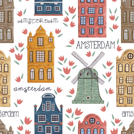 Amsterdam. Seamless pattern with old historic buildings and traditional architecture of Netherlands. Windmill and houses with tulip flowers. Vintage hand drawn vector illustration in watercolor style.のイラスト素材
