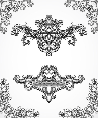 Vintage architectural details design elements. Antique baroque classic style border and cartouche in engraving style. Hand drawn vector illustrationのイラスト素材