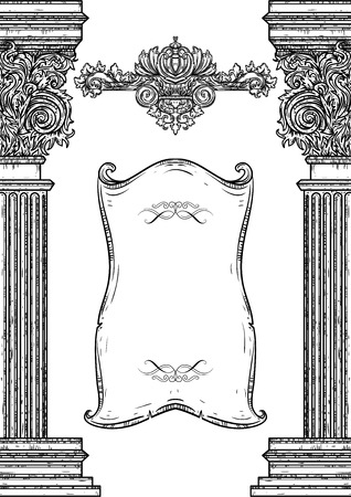 Vintage architectural details design elements. Antique baroque classic style column and cartouche. Hand drawn illustrationのイラスト素材