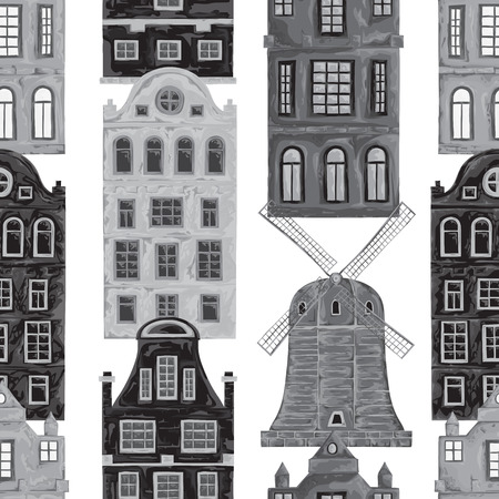 Amsterdam pattern with old historic buildings and traditional architecture of Netherlands.のイラスト素材