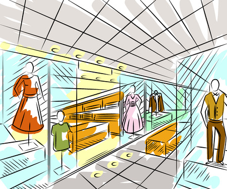 Shopping center with fashion stores. Interior design in sketch style. Vintage hand drawn vector illustrationのイラスト素材