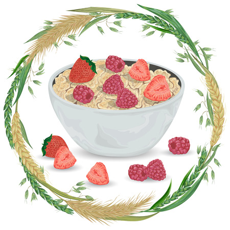 Cereal porridge in bowl with raspberry, strawberry and wreath with cereals. Barley, wheat, rye and oat. Healthy breakfast. Isolated elements. Hand drawn vector illustrationのイラスト素材