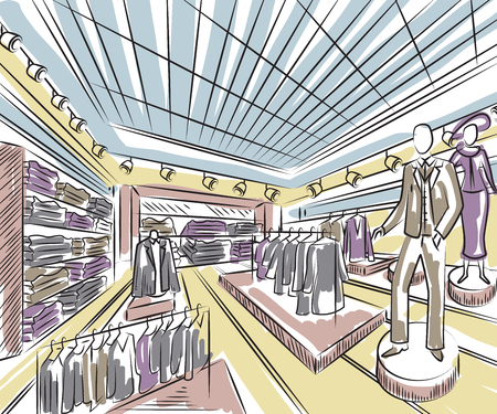 Fashion store interior design in sketch style. Vintage hand drawn vector illustrationのイラスト素材