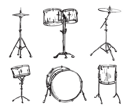 Drum kit in sketch style. Isolated elements. Hand drawn vector illustrationのイラスト素材