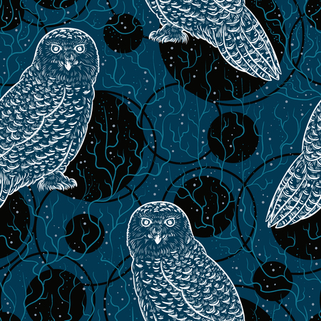 Seamless pattern with snowy owl and north plants. Vintage hand drawn vector illustrationのイラスト素材
