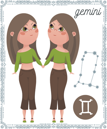 Zodiac sign Gemini. Funny cartoon character. Vector illustrationのイラスト素材