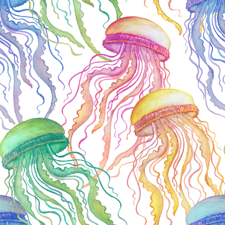 Seamless pattern with watercolor jellyfish on white background. Hand drawn illustration