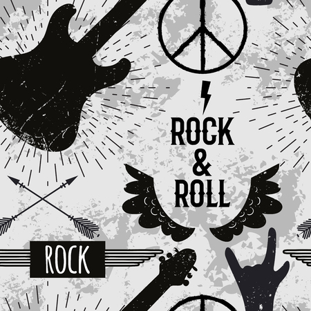 A Seamless pattern with rock and roll music symbols. Concept design for t-shirt, print, poster, card. Vintage illustrationのイラスト素材