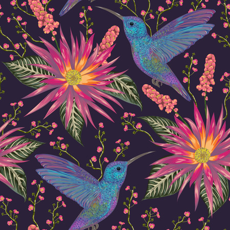 Seamless pattern with hummingbird, tropical flowers,berries and leaves. Exotic flora and fauna. Vintage hand drawn vector illustration in watercolor styleのイラスト素材