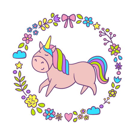 Cute unicorn with floral wreath. Cartoon character. Vector illustrationのイラスト素材
